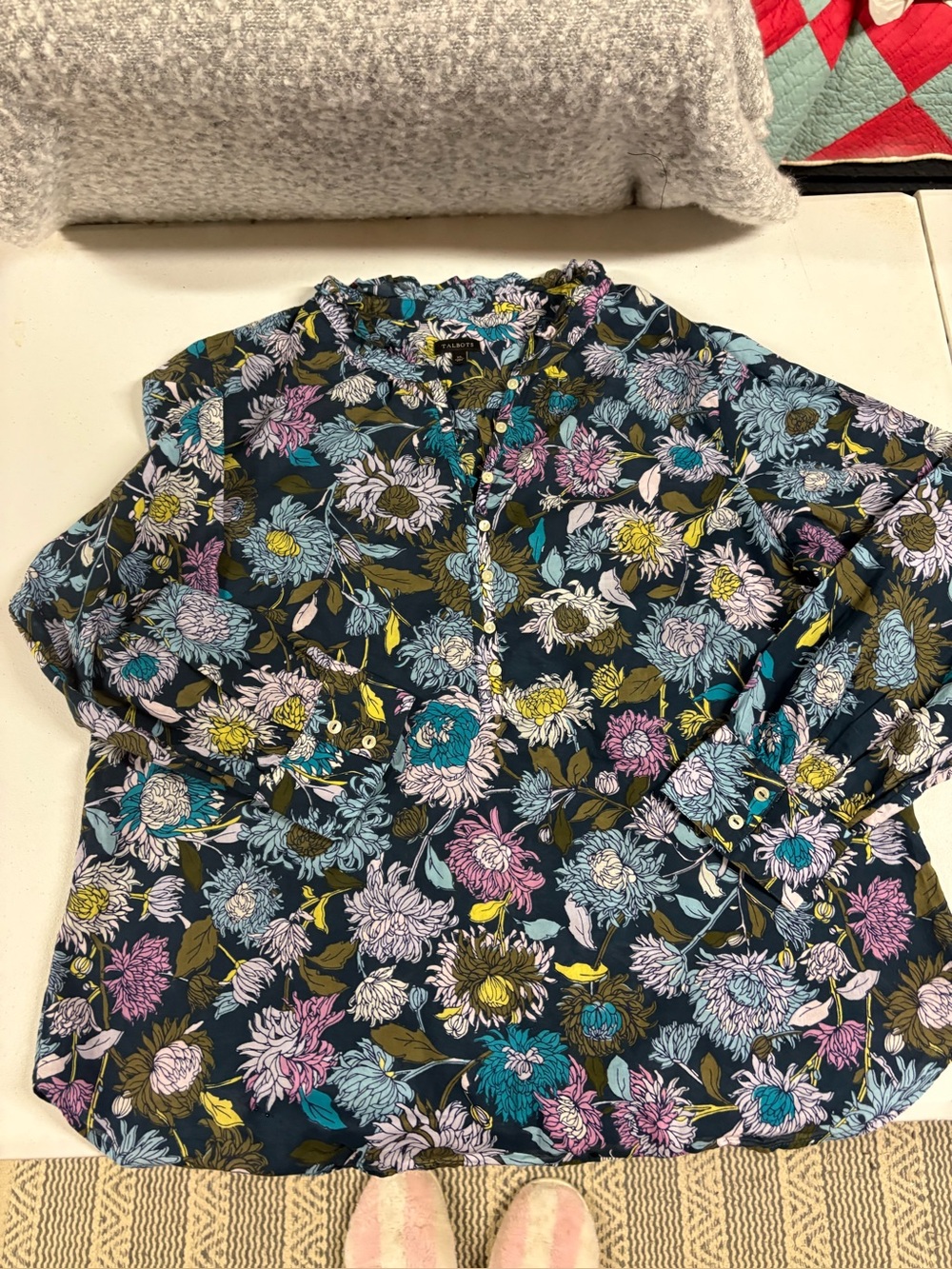 Talbots Navy Floral Button-Up Top with Teal, Yellow & Cream Blooms